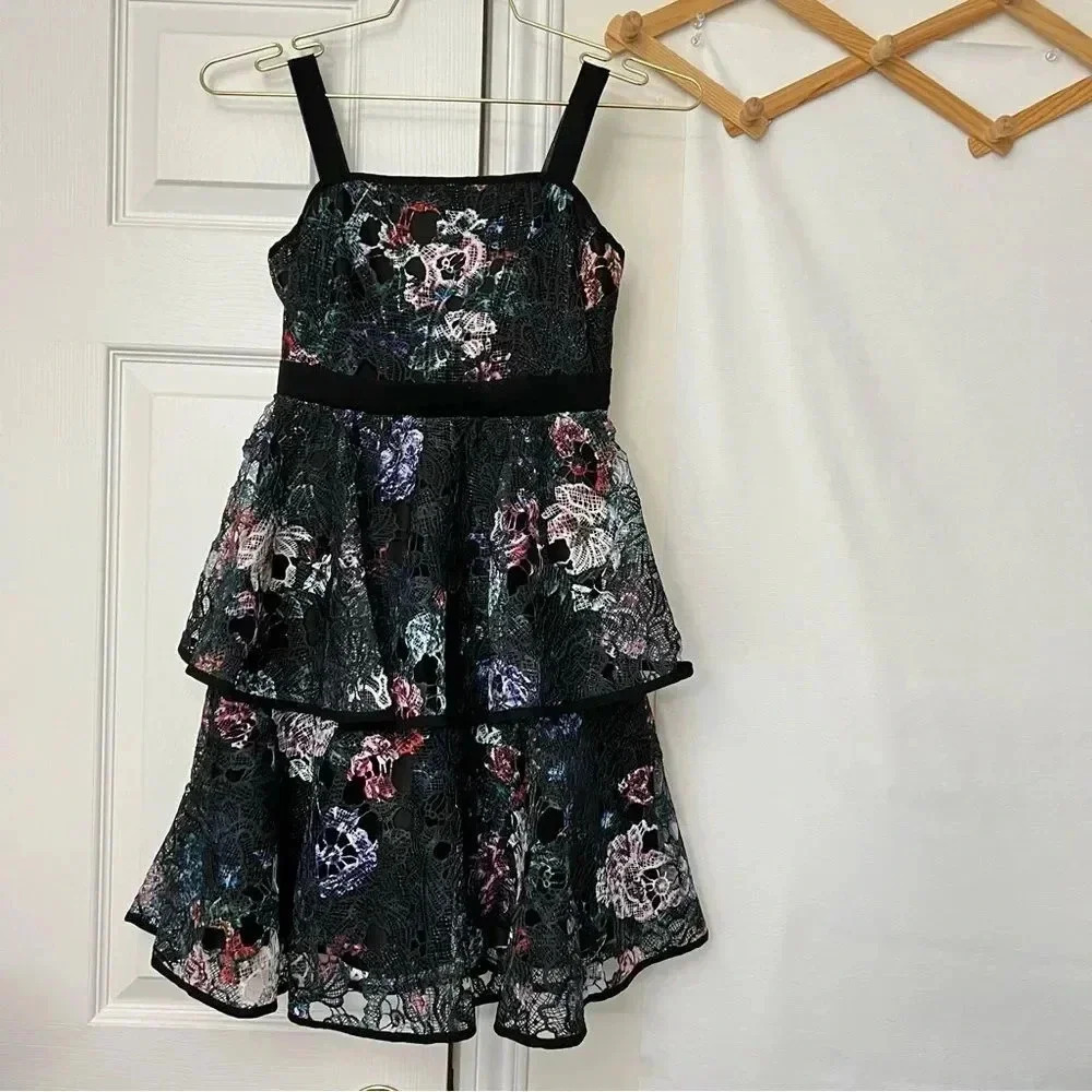 Girls Marchessa Notte Black Floral Lace Tiered Formal Dress